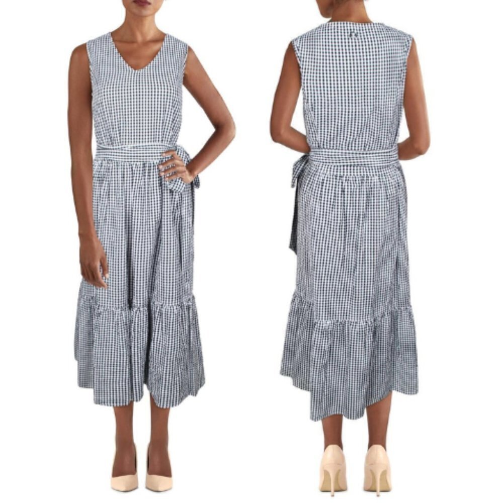 Barbour Navy and White Gingham V-Neck Midi Dress - Picture 2 of 13
